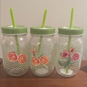 Set of 3 Green Lidded Mason Jars with Straws